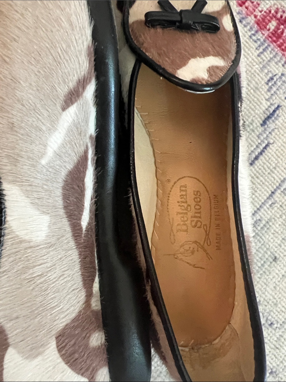Belgian shoes Cowhide Pattern Leather Trim Loafers in Brown and White - Picture 5 of 7